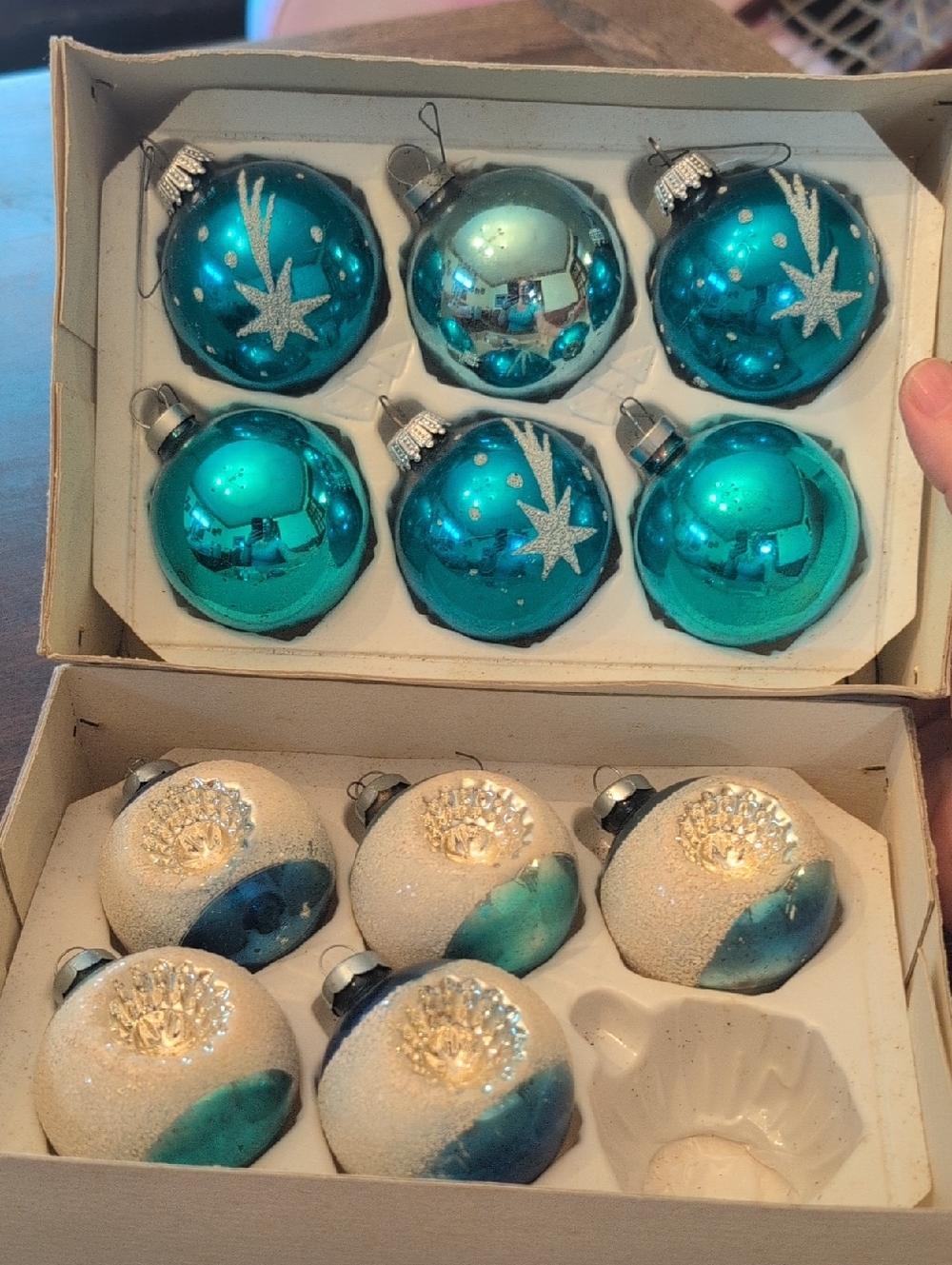 Teal, Blue and White Mercury Glass Holiday Ornaments Shooting Star Indents Box